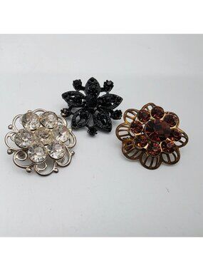 Vintage Floral Brooch Set With Rhinestones & Metalwork Gold Silver Black